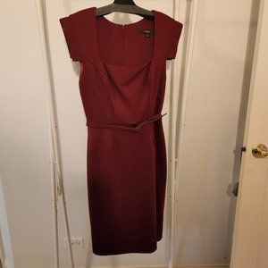 Single | Square Neck, Midi Length Lined Deep Red Women's Dress with Belt, Size 8